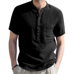 Herenshirt met korte mouwen, casual pasvorm, linnen overhemd met korte mouwen, lichtgewicht, ademend, effen kleur, zomer T-shirt met ronde hals voor vrije tijd, Zwart, XXL