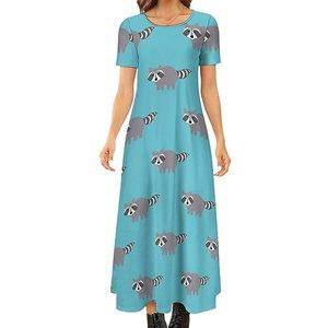 Wasberen in een cartoon stijl vrouwen zomer casual korte mouw maxi-jurk ronde hals bedrukte lange jurken 2XL