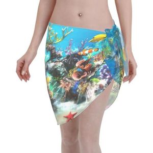 Tropische visprint, elegante strandwrap, bikini cover-up, badkleding jurk, voor vrouwen, perfect voor zwembad en resort, zwart, Zwart, one size