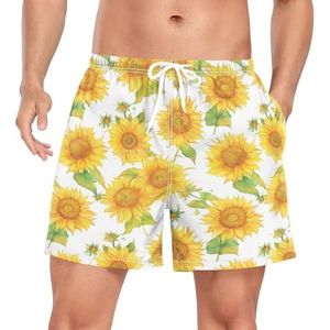 Niigeu Art Yellow Sunflowers Blossom Zwembroek voor heren, sneldrogend, sneldrogend, met zakken, Leuke mode, XXL