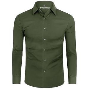 DEMEANOR Overhemd Heren Stretch Lange Mouwen Vrijetijdshemd Slim Fit Zakelijk Strijkvrij, Olijfgroen, S