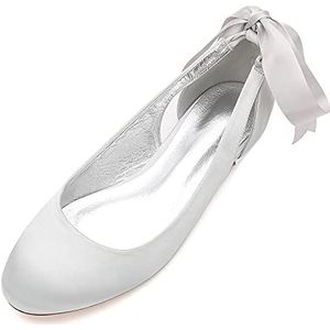 Dames Trouwschoenen Ronde Teen Slip Op Strik Das Satijn Party Avond Ballerina Schoenen,Zilver,41 EU