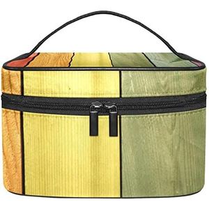 warm-getinte houten board patroon make-up organizer tas, reizen make-up tas organizer case draagbare cosmetische tas voor vrouwen en meisjes toiletartikelen, Meerkleurig, 22.5x15x13.8cm/8.9x5.9x5.4in