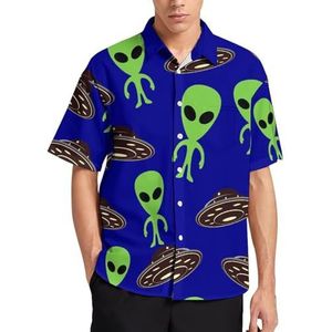 Groene UFO Aliens Zomer Heren Shirts Casual Korte Mouw Button Down Blouse Strand Top met Pocket M