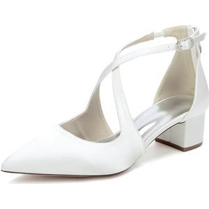EICOFF Dames Gesloten Teen Blokhak Pumps Kruis Enkelbandje Satijnen Hoge Hakken Puntige Teen Gesp Bruids Trouwjurk Avond Prom Schoenen,ivoor,35 EU