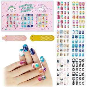 144 Stks Kids Druk op Nagels Kinderen Meisjes Druk op Kunstmatige Nep Nagels Geen Verbleken Stabiele Snelle Stick op Pre Lijm Volledige Cover Acryl Nail Kit Gift (Snoep)