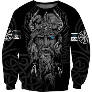 Odin God Totem Ritsjas, Unisex Nordic 3D Tattoo Print Casual Harajuku Ademende Korte Mouwen, Viking Fall Hoodie met Trekkoord en Lange Mouwen(Color:Round Neck,Size:S)