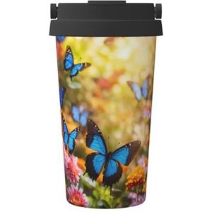EdWal Blauwe vlinder en bloemen print 500 ml koffiemok, geïsoleerde campingmok met deksel, reisbeker, geweldig voor elke drank