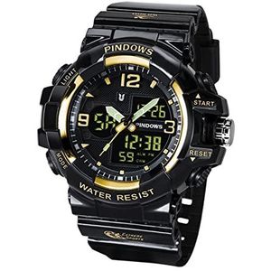 Herenhorloge, 5 atm waterdichte analoge digitale dubbele display horloges, zakelijke casual multifunctionele elektronische chronograaf, LED -achtergrondverlichting buitensportpols horloges,Black gold