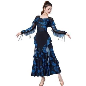 Tytyozay Elegante dames standaard dansjurk, modieuze vierkante halslijn ballroom dansjurk met ruches en mesh stof performance kostuum lange mouwen wals tango jurk,Blauw,L