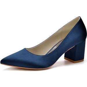 HFWXYSA Dames Chunky Blok Hak Bruids Pompen Puntige Teen Slip op Klassieke Geklede Schoenen voor Bureau Bruiloft Werkavond,Marine,35 EU