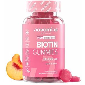 Biotine Gummis 10.000 mcg - 60 Dagen Voorraad - Haargroei Vitamines - Vegan - Kauwbare Haarvitamines - Supplement tegen Haaruitval en Dunner Wordend Haar - Haar Gummis voor Haargroei - Novomins