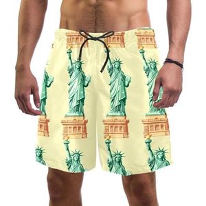 PAFEFO Nieuwigheid boardshorts voor heren, strandvakantie, feest, sneldrogende badpakken met mini-cartoon vrijheidsbeeld ontwerpen, Mini Cartoon Vrijheidsbeeld, L