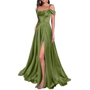 WSEYU Satijn Bruidsmeisjes Jurken Spaghetti Bandjes Galajurken Koude Schouder Formele Avond Feestjurk ZM211, Olijfgroen, 32