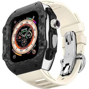 INSTR Koolstofvezel behuizing met fluor rubberen horlogeband voor Apple Watch Ultra2 Ultra, heren Mod Kit Cover Strap voor IWatch9 8 7 6 5 4 SE vervangende accessoires (Color : White, Size : 45mm44m