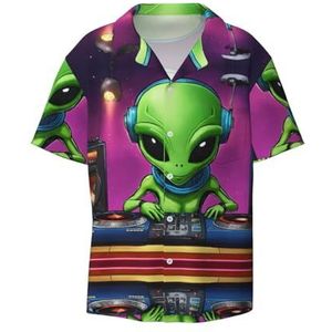 Groene Alien Print Heren Jurk Shirts Casual Button Down Korte Mouw Zomer Strand Shirt Vakantie Shirts, Zwart, M