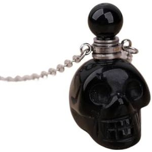 Gemstone Skull Head Perfume Bottle Pendant For Women Hand Carved Crystal Skull Figurine Essential Oil Necklace Gift (Color : Silver_Black Agate)