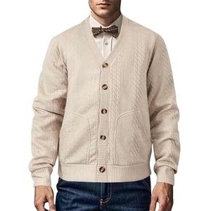 KIKIATA Heren vest trui lange mouw casual gebreide V-hals button down, vintage klassieke stijl kraag getextureerde jas winter warme jas bovenkleding met zakken (kaki, XXL)