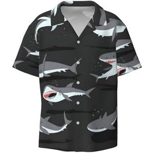 TyEdee Haaienprint voor heren, korte mouwen, overhemd met zak, casual overhemd met knopen, zakelijk overhemd, Zwart, S
