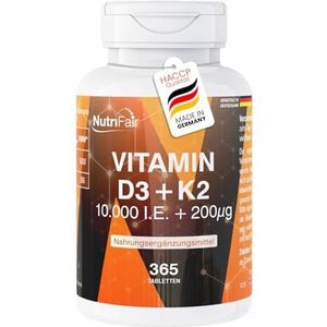 Vitamine D3 + K2-365 tabletten - 10.000 IE + 200 μg - Hoge dosering – Duitse productie en laboratoriumtests - NutriFair | Premium & Fair