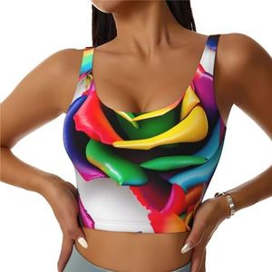 Regenboog Rose Bloem Print Comfortabele Vrouwen Sport Vest Yoga Workout Vest Voor Vrouwen Lichtgewicht Zomer, Zwart, S