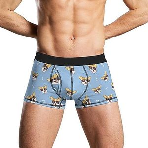 Schattige Corgi hondengezicht met zonnebril heren boxershort ademend ondergoed stretch tailleband grappige print kofferbak 2XL