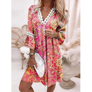 JELID Lange jurk voor dames, kanten jurk, stikjurk, roze, XL, zomerjurk voor dames