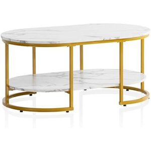 FineBuy Salontafel, 100 x 60 x 45 cm, wit met marmerlook, design woonkamertafel, rechthoekig, loungebanktafel met plank, koffietafel, modern, met goudkleurig metalen frame