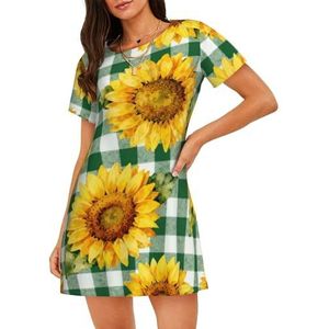 Zelinge Korte Mouw Nachtjapon Vrouwen Nachtshirt Slaap Shirts Ruime Nachtkleding S-3XL, Groene geruite zonnebloemen, S
