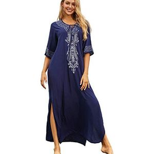YouKD Zomer Katoen Geborduurd Bloemen Losse Caftan Boho Strand Bikini Cover-up Jurk Plus Size Gewaad voor Vrouwen