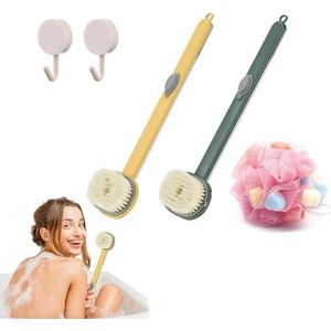 2-delige badmassage-reinigingsborstel met lange steel en zeepdispenser, 2024 nieuwe vloeibare badborstel met lange steel, rugschrobber for douche, zeepdispenserborstel (Color : Yellow+green)