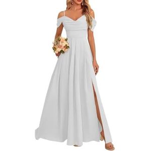 Dames chiffon bruidsmeisjes jurken met split lange galajurken ruches cocktailjurk plus size, Wit, 32