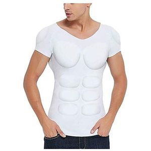 Mannen Nep Borst Spier Gewatteerde T-Shirt Onzichtbare Buikspier Ondergoed Heren Nep Buikspieren Shirt Verwijderbare Spier Pads Ademend (Color : White, Size : M)