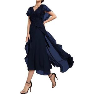 SAYNO Kant Applique Moeder van de Bruid Jurk voor Bruiloft Prom Jurken Plooien Cocktail Jurken Plus Size, Donkerblauw, 32