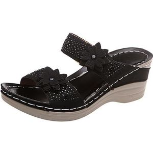 Vintage Sleehakmuiltjes Met Bloem Dames Elegante Sandalen Met Strass Nieuwe Bohemen Strandschoenen Zomer PU Lederen Pantoffels Vrije Tijd Peep Toe Pantoffels (Color : Black, Size : 41 EU)