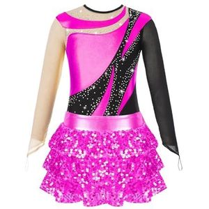 NUOYIXUAN Gymnastiekpak met lange mouwen voor meisjes, met glanzende pailletten, shorts met rok, artistieke overall voor jongeren,