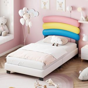 Aunvla Kinderbed, gestoffeerd bed, 90 x 200 cm, met lattenbodem, regenboogvorm, PU-leer, jongens en meisjes, wit (matras niet inbegrepen)