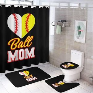Grappige Bal Moeder Softbal Baseball 4 Stks Badkamer Sets Met Douchegordijn Toilet Deksel Cover En Tapijten