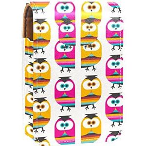 Draagbare Lipstick Case voor op reis, Mini Lipstick Opbergdoos met spiegel voor dames dames, Lederen cosmetische etui Retro Uilen, Meerkleurig, 9.5x2x7 cm/3.7x0.8x2.7 in