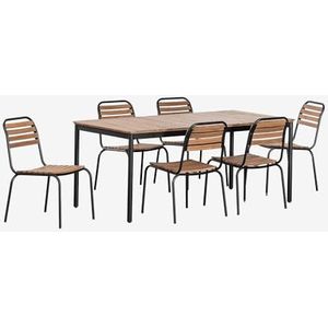 SKLUM Rechthoekige tafelset (160x90 cm) en 6 stapelbare eetkamerstoelen in staal en acacia-artushout Zwart