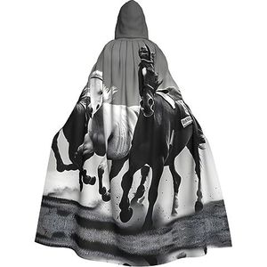 FRGMNT Zwart-wit Paarden Running Print Mannen Hooded Mantel, Volwassen Cosplay Mantel Kostuum, Cape Halloween Dress Up, Hooded Uniform