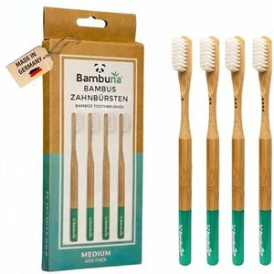 Bambona Tandenborstels van bamboe, 1 x set van 4, middelzacht met subtiele markering, tandenborstel plasticvrij, tandenborstel van bamboe met borstelharen van ricinusolie, Made in Germany