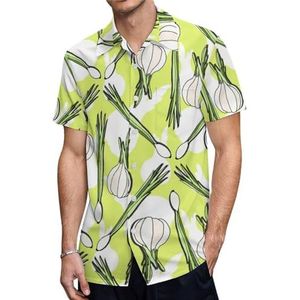 Veganistische lente-uitjes en knoflook heren shirts met korte mouwen casual button-down tops T-shirts Hawaiiaanse strand T-shirts L