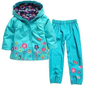 Baotung Kindermeisjes 2-delige kledingset waterdicht regenpak regenjas met capuchon en bloemenpatroon + regenbroek, Blau, 86/92 cm