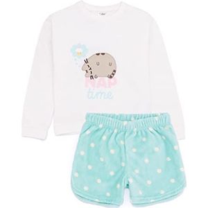 Pusheen Meisjes pyjamaset Wit en blauw loungewear T-shirt en broek Pyjamapakket voor kinderen | Cat Nap Time T-shirt met lange mouwen en warme, zachte fleece shorts Merchandisecadeau voor kinderen