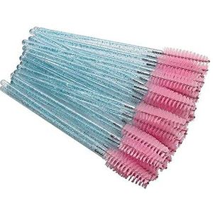 50 stuks wegwerp-wimperborstels, mascara-toverstaf, oogwimper, wenkbrauwapplicator, cosmetische make-upborstel, gereedschapssets (roze-blauw/heldere glitter)