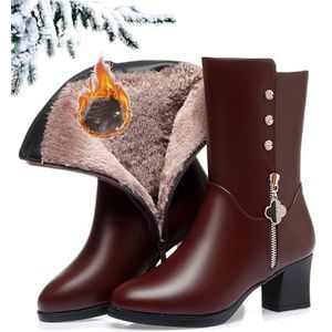 Waterdichte Korte Laarzen Dames Enkellaarsjes Met Strass Enkellaarsjes Met Blokhak Pluche Gevoerde Snowboots Winterwarme Laarsjes PU Lederen Enkelschoenen for Moeder(Brown,39 EU)