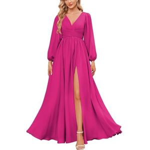 KURFACE Bruidsmeisjesjurken met lange mouwen en split geplooide chiffon formele jurk met mouwen formele jurk, roze (hot pink), 32