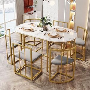 Aunvla Eettafelset met zes stoelen, witte tafel, stoelen met rugleuningen en grijze bekleding, goudkleurig ijzeren frame, eetkamertafel en stoelset, moderne eettafelcombinatie