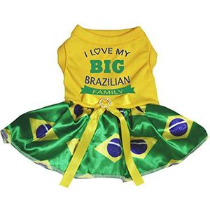 Petitebelle Ik hou van mijn grote Braziliaanse familie katoenen Shirt Tutu Puppy hond jurk (medium, geel/Brazilië vlag)